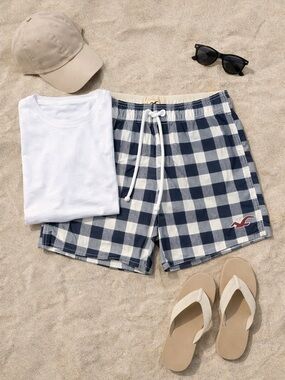 Hollister Navy & White Checkered Swim Trunks with Drawstring
